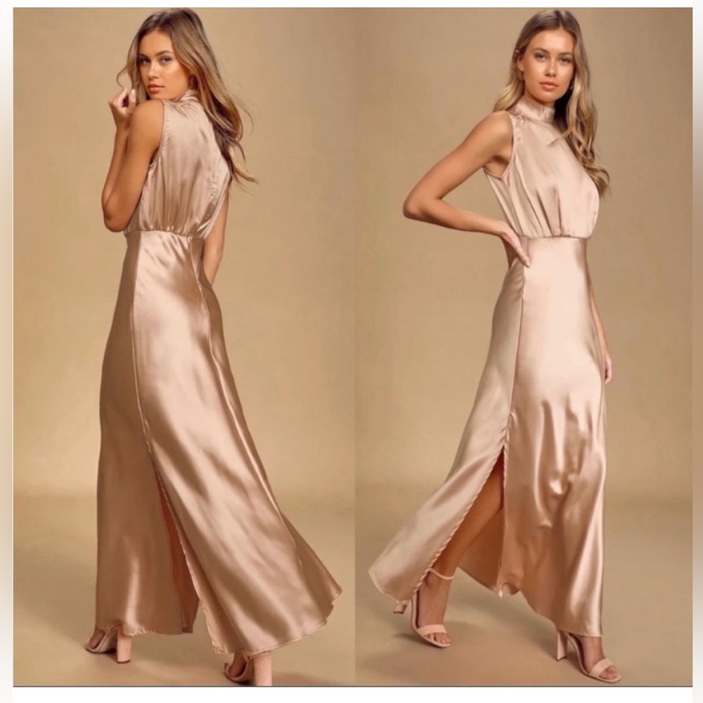 Elegant Champagne Blush Satin Mock Neck Dress